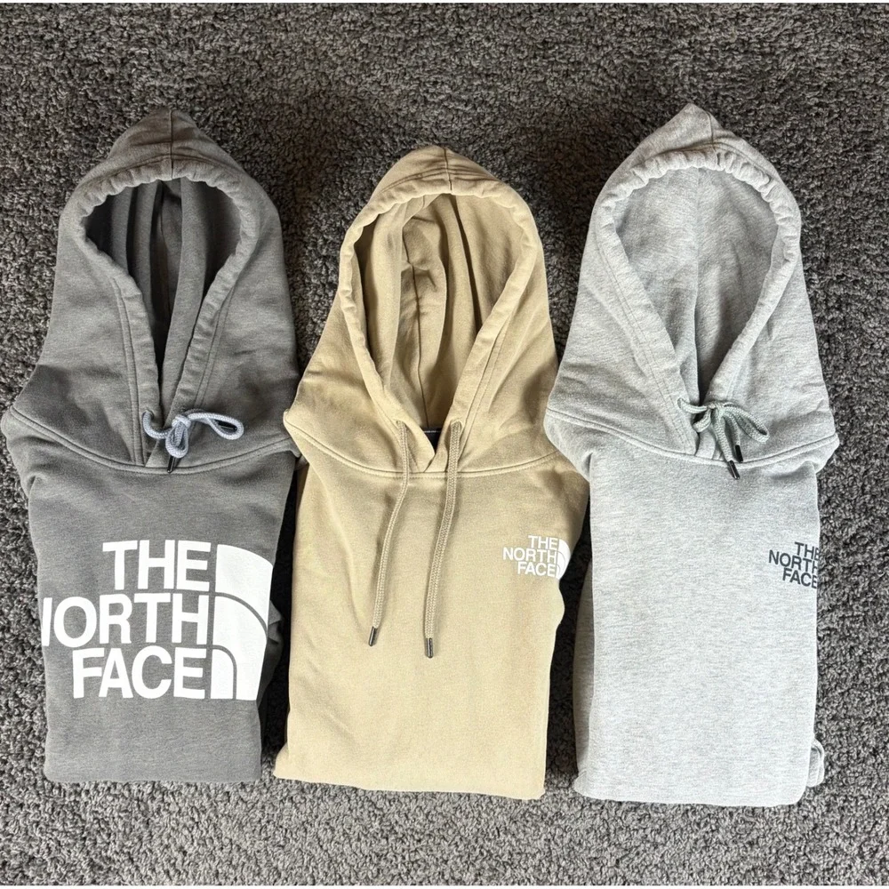 The North Face Mens Hoodie Lot x3 Grey Tan Graphic Pullover Sweatshirts Medium